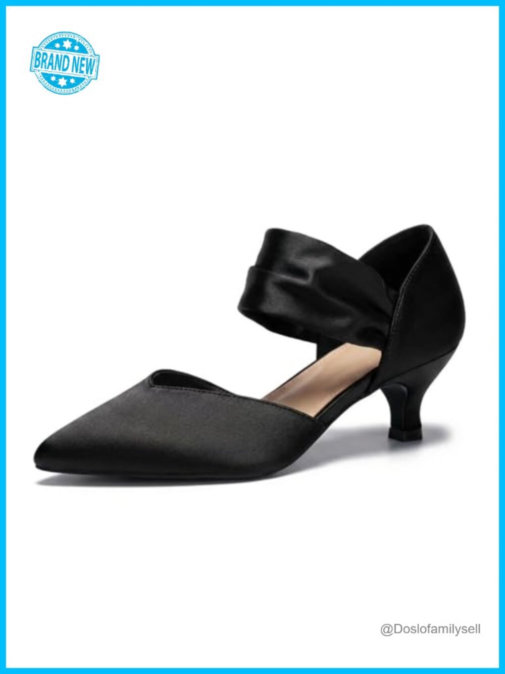 Kitten Heels Pointed Toe Pumps Ankle Strap D'Orsay Satin Dress Shoes